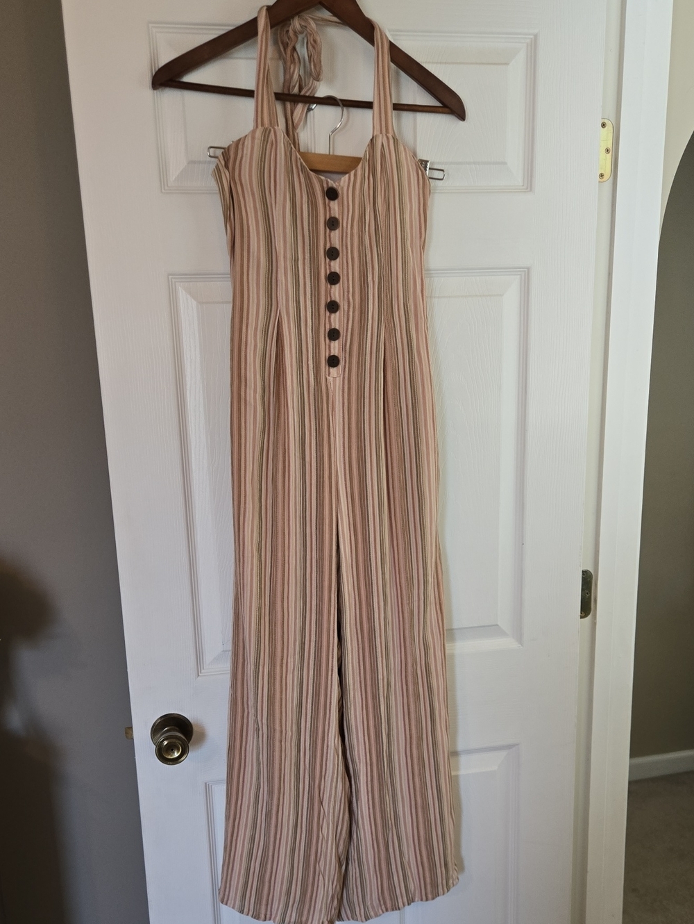 American Eagle Outfitters Striped Halter Jumpsuit in Beige and Pink